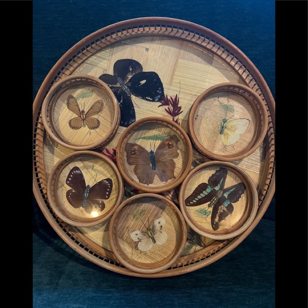 Vintage Bamboo Butterfly Floral Tray Coasters Set Bar